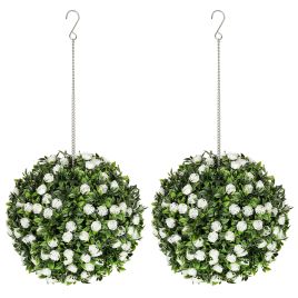 HERON Set of 2 Decorative Artificial Plants, UV-protected Artificial Plant Topiary Rose Balls, White