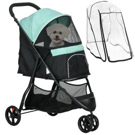 Foldable Pet Stroller with Rain Cover for XS and S-Sized Dogs Green