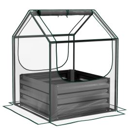 Metal Planter Box with Cover, Raised Garden Bed with Greenhouse, for Herbs and Vegetables, Clear and Dark Grey