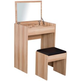 Dressing Table Set Padded Stool Dresser with Flip Up Mirror Multi Purpose - Wood Grain