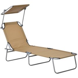 SUNVISTA Outdoor Foldable Sun Lounger, 4 Level Adjustable Backrest Reclining Sun Lounger Chair with Angle Adjust Sun Shade Awning for Beach, Tan