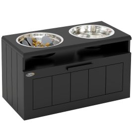 PAWSTER Raised Dog Bowl with Slow Feeder & 2 Stainless Steel Dog Bowl, 25L Storage Drawer, for Large & Extra Large Dogs, Black
