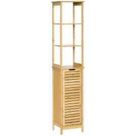 Bathroom Floor Cabinet with 3 Shelves and Cupboard, Slim and Freestanding Organiser, Tallboy with Storage, Natural