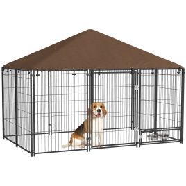PAWSTER Outdoor Dog Kennel Puppy Play Pen with Canopy Garden Playpen Fence Crate Enclosure Cage Rotating Bowl 211 x 141 x 151 cm