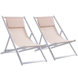 Set of 2 Folding Garden Beach Deck Chairs Deckchairs Seaside Folding Garden Patio Lounger, White