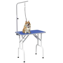 PAWSTER 32" Foldable Dog Grooming Table Pet Drying Beauty Table Adjustable Fixed Arm Rubber Top, Blue