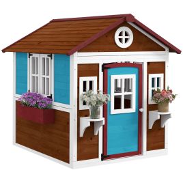 Wooden Playhouse with Doors, Windows, Plant Pots, Boxes, for 3-8 Years - Dark Brown