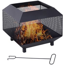 Metal Square Fire Pit Outdoor Mesh Firepit Brazier w/ Lid, Log Grate, Poker for Backyard, Camping, Wood Burning Stove, 44 x 44 x 40cm, Black