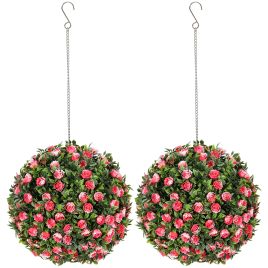 HERON Set of 2 Decorative Artificial Plants, UV-protected Artificial Plant Topiary Rose Balls, Fake Plants for Home Indoor outdoor Decor, 28cm, Pink