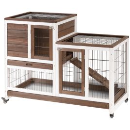 Wooden Indoor Rabbit Hutch Guinea Pig House Bunny Small Animal Cage W/ Wheels Enclosed Run 110 x 50 x 86 cm, Brown