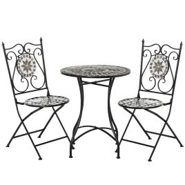 3 Pcs Mosaic Tile Garden Bistro Set Outdoor Seating w/ Table 2 Folding Chairs Set Metal Frame Elegant Scrolling Indoor Patio Balcony