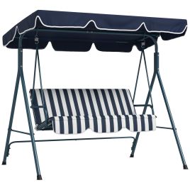 3-Seat Swing Chair Garden Swing Seat with Adjustable Canopy for Patio, Blue and White