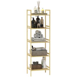 HERON 5-Tier Bamboo Bathroom Storage Shelf, Freestanding Shelving Unit with Adjustable Rack for Kitchen Bathroom Living Room, Natural Wood Finish