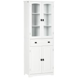 Kitchen Cupboard, Freestanding Storage Cabinet with 2 Adjustable Shelves, Drawer and Glass Door for Living Room, Dining Room, 160cm, White