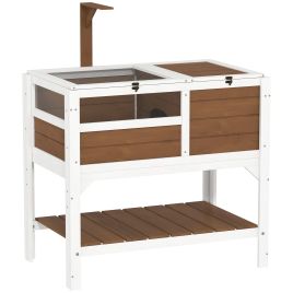 PAWSTER Wooden Tortoise House, with Shelter, Run, Shelf, Lamp Holder, Tray - Brown