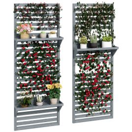 Wall Mounted Plant Stands Set of 2, Fir Wood Flower Stand with Shelves and Slatted Trellis for Patio, Balcony, Porch