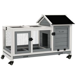 Wooden Rabbit Hutch, Guinea Pig Cage, with Removable Tray, Wheels - Grey