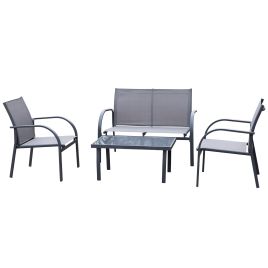 4 Pcs Curved Steel Outdoor Furniture Set w/ Loveseat, 2 Texteline Seats, Glass Top Table Garden Balcony Patio Furniture For Party Event-Grey