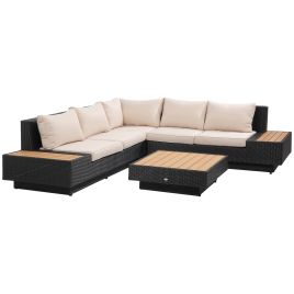 4 PCs Rattan Garden Furniture Outdoor Sectional Corner Sofa and Coffee Table Set Conservatory Wicker Weave with Armrest and Cushions Black