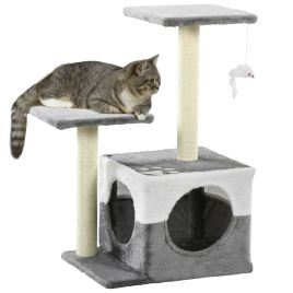 Cat Tree w/ Sisal Scratching Posts, House, Perches, Toy Mouse, Grey