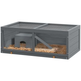 PAWSTER Wooden Hamster Cage with Sliding Tray, Openable Top, Hut for Syrian Hamsters, Grey