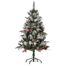 Debbie 4FT Artificial Snow Dipped Christmas Tree Xmas Pencil Tree Home Party Decoration w Foldable Feet Berries & Pinecones Green