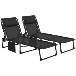 Jones 2-Pack Portable Sun Lounger Set with Side Pocket - Black
