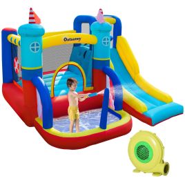 4 in 1 Kids Bounce Castle Large Sailboat Style Inflatable House Slide Trampoline Water Pool Climbing Wall for Kids Age 3-8, 2.65 x 2.6 x 2m