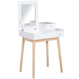 Pine Dressing Table Desk Flip-up Mirror 2 Drawers - White