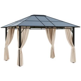 3.6 x 3M Hardtop Gazebo Canopy with Polycarbonate Roof Garden Pavilion with Removable Curtains and Steel Frame, Brown
