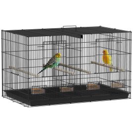 PAWSTER Bird Cage with Divider, 4 Wooden Perches, Slide Out Tray, 4 Feeders, for Budgie, Lovebird, Canary, 76 x 46 x 46cm, Black