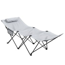 Foldable Sun Lounger, Outdoor Tanning Sun Lounger Chair with Side Pocket, Headrest, Oxford Seat, for Beach, Yard, Patio, Light Grey