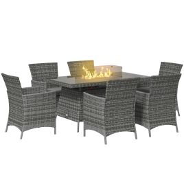 7 Pcs PE Rattan Dining Sets w/ Fire Pit Table, Garden Dining Set w/ Heater Table, Armchairs w/ Cushions, Glass Windscreen, 50,000 BTU, Grey