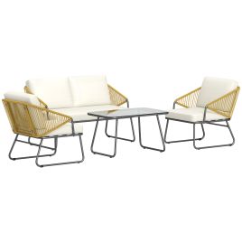 SUNVISTA 4 Piece Rattan Garden Furniture Set, Wicker Patio Outdoor Furniture Set with Loveseat, Armchairs, Natural Wood Finish