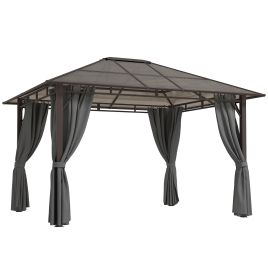 SUNVISTA 3 x 3.6m Hardtop Gazebo Canopy with Polycarbonate Roof Garden Pavilion with Removable Curtains and Steel Frame, Dark Grey
