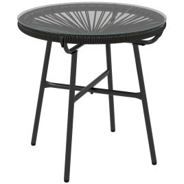 SUNVISTA Rattan Side Table, Round Outdoor Coffee Table, with Round PE Rattan and Tempered Glass Table Top for Patio, Garden, Balcony, Black