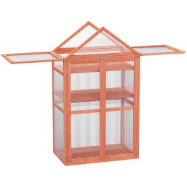 3-Tier Wooden Cold Frame Greenhouse Garden Polycarbonate Grow House w/ Adjustable Shelves, Double Doors, 80 x 47 x 138 cm, Orange