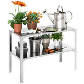 SUNVISTA 2 Tier Potting Bench Table, Galvanised Steel Garden Planting Work Bench Workstation with Storage Shelf for Outdoor, Patio, Silver Tone