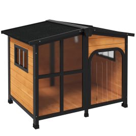 PAWSTER Wooden Dog Kennel with Removable Floor, Asphalt and Openable Roof, Giant Window for Large Dogs, Yellow