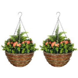 SUNVISTA Pack of 2 Faux Plant Artificial Lisianthus Flowers Hanging Planter with Basket for Indoor Outdoor Decoration, Orange