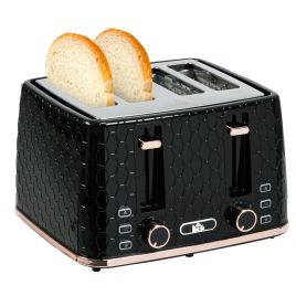 HERON 4 Slice Toaster with 7 Browning Levels, High Lift, Reheat/Defrost/Cancel, Removable Crumb Tray, Black Honeycomb Texture