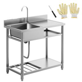 HERON Outdoor Stainless Steel Kitchen Sink, Freestanding Sink Single Bowl with Cold and Hot Water Pipe and Storage Shelves