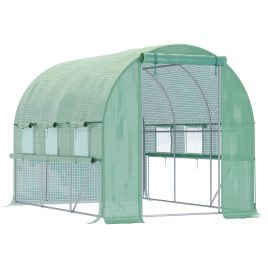Walk In Greenhouse, Garden Polytunnel with PE Cover, Zipped Roll Up Door and 6 Mesh Windows, 3x2x2m, Green