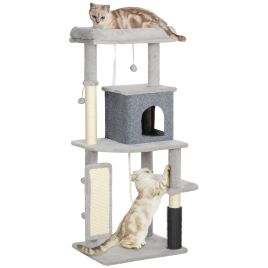 PAWSTER 132cm Cat Tree w/ Scratching Posts, Pad, Cat Bed, Cat House, Jumping Platform, Grooming Brush, Anti-Tip Kit, Light Grey