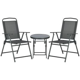 3 Pcs Garden Table and Chairs, Outdoor Bistro Set, Patio Conversation Furniture Set w/ Foldable Armchairs & Glass Top Coffee Table, Dark Grey