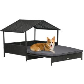 Extendable Elevated Dog Bed, Rattan Dog House w/ Water-Resistant Roof, Removable Cushion, for Small, Medium Dogs - Grey