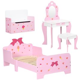 4-Piece Kids Bedroom Set - Bed Toy Box Dressing Table - Pink