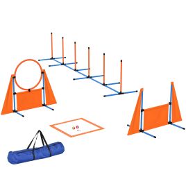 PAWSTER 6 Pieces Dog Agility Equipment Set with Weave Poles, Jump Ring and Hurdle, Pause Box and Carry Bag, Orange