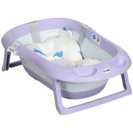Foldable Baby Bathtub with Non Slip Support Legs, Cushion Pad, Shower Holder - Purple