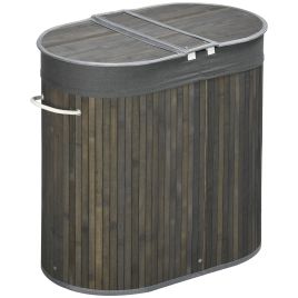 Bamboo Laundry Basket with Lid, 100 Litres Laundry Hamper with 2 Sections, Removable Washable Lining, Washing Baskets, 62.5 x 37 x 60.5cm, Grey